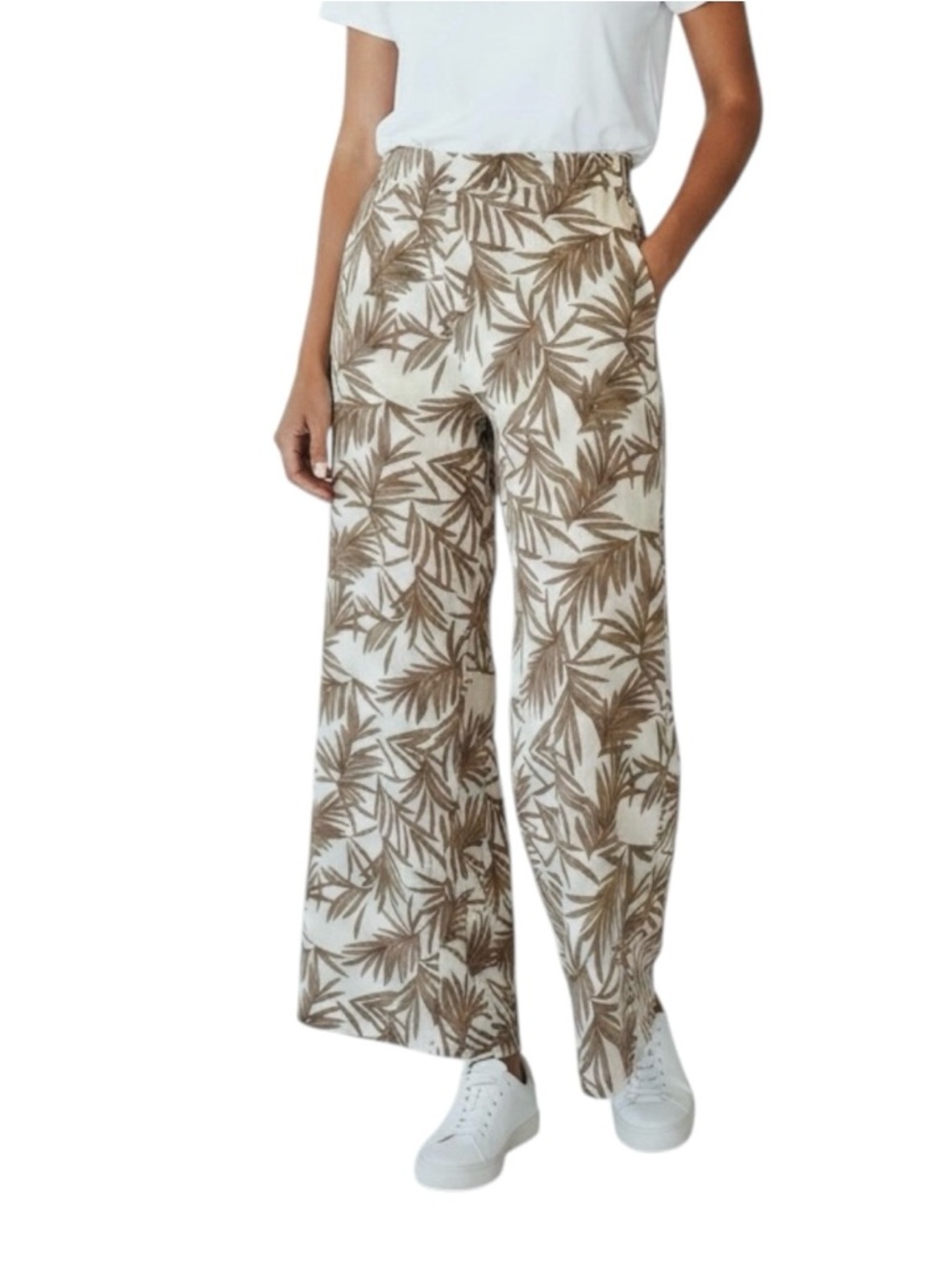 Nicole Miller 100% Linen Wide Leg Pants Tropical Palm Beach Resort Pockets L